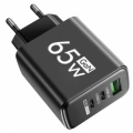 CARICABATTERIE USB RAPIDO DA MURO 65W CON USCITE USB-A TYPE-C  PD (33W) NERO